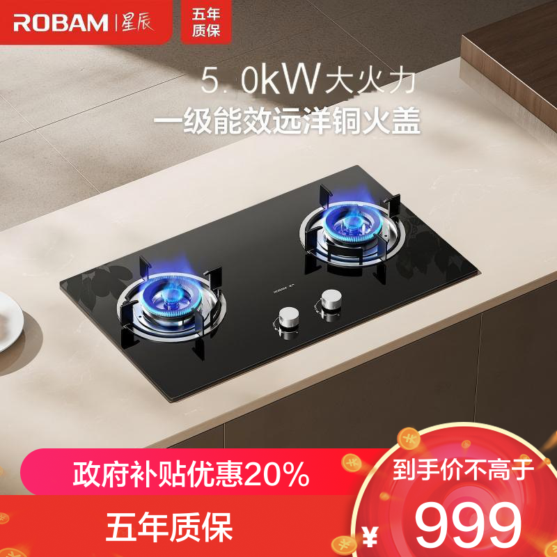 老板(Robam)[星辰系列]家用燃气灶双灶嵌入式煤气灶台嵌两用 可调节换装不改孔灶具猛火灶20B2A 5.0kW液化气