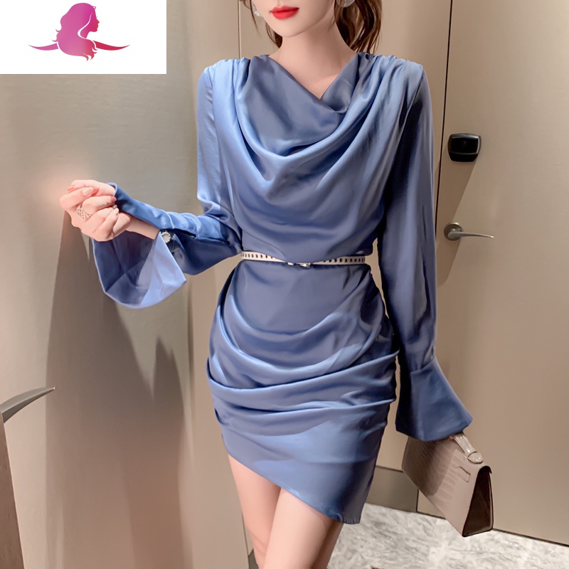 艳如飞温柔风气质连衣裙女缎面轻奢名媛蓝色晚礼服小个子修身性感包臀裙连衣裙