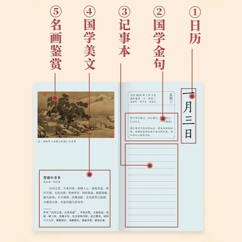 [正版]2024国学日历《收藏版》 甲辰年台历国学 2024国学日历 文化国学经典故宫日历历史典故国学美文配合名画鉴赏高清大图