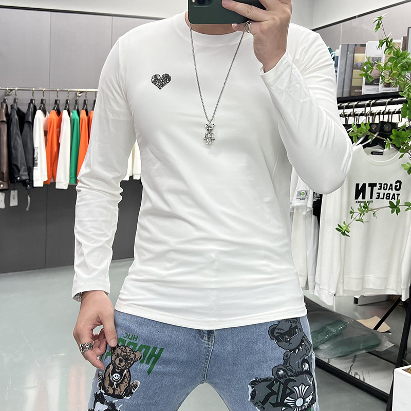 春秋新款长袖T恤打底衫男士烫钻欧货男装圆领上衣修身爱心情侣款