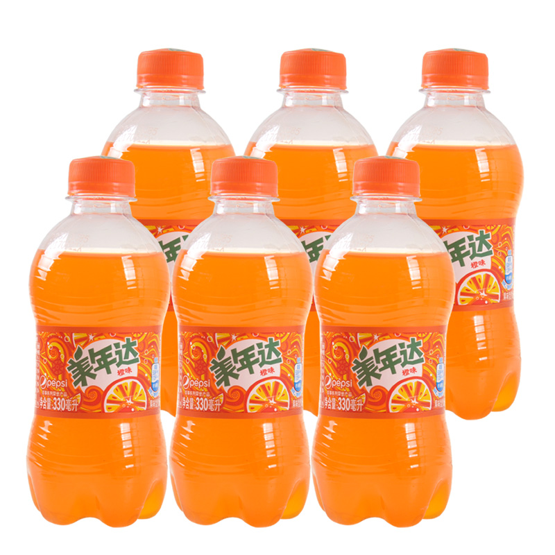 美年达橙味碳酸饮料汽水饮品pet300ml*6瓶百事可乐出品迷你瓶装