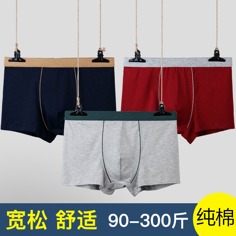 酒红色纯棉男士内裤宽松透气短裤全棉大码胖子平角裤青年四角裤头