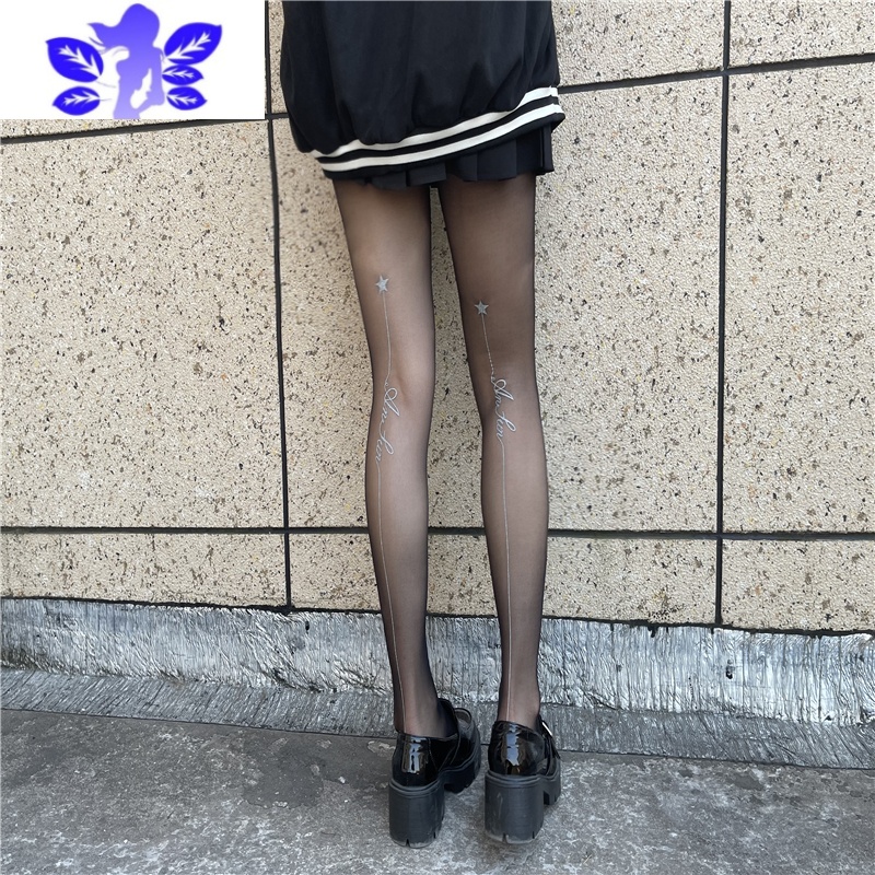 Ideamini闪亮黑丝ins潮黑色性感超薄T裆字母后竖线连裤女秋冬薄款丝袜