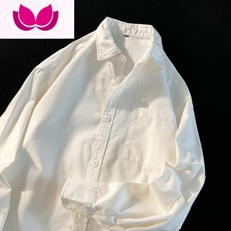 七斓长袖衬衫男潮牌春季新款潮流宽松学院风白色百搭翻领衬衣休闲外套