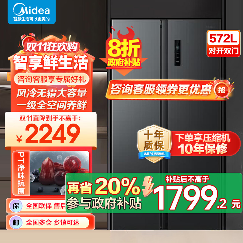 美的(Midea)572升双开对开门冰箱一级能效大容量风冷无霜超薄 BCD-572WKPM(Q) 炭灰-[570升级款]
