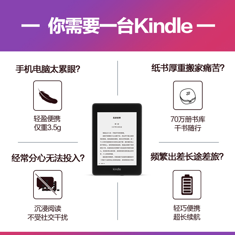 [下市清理]亚马逊Kindle青春版 电子书阅读器 入门版升级款 新增阅读灯 黑白两色 漫画 4G黑色