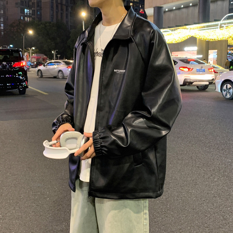 唐狮外套男夹克外套男男装皮衣外套男翻领前胸口袋皮衣短夹克外套
