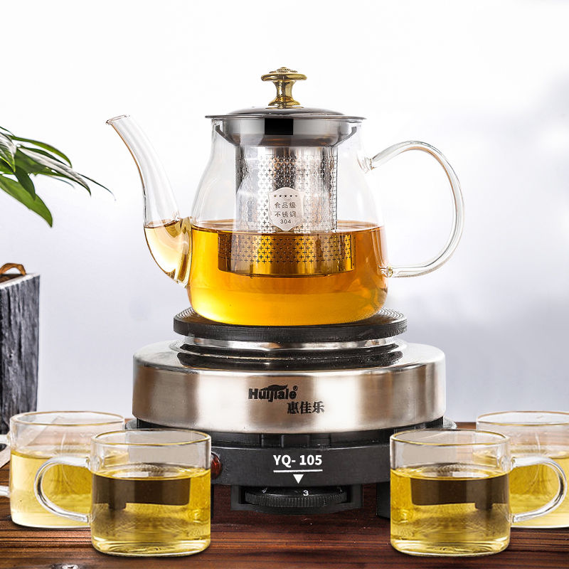 煮茶器套装家用自动加热电陶炉茶具耐高温加厚烧水壶玻璃花茶壶|壶+电热炉[+4个120毫升把杯] 610毫升蓝把直型壶