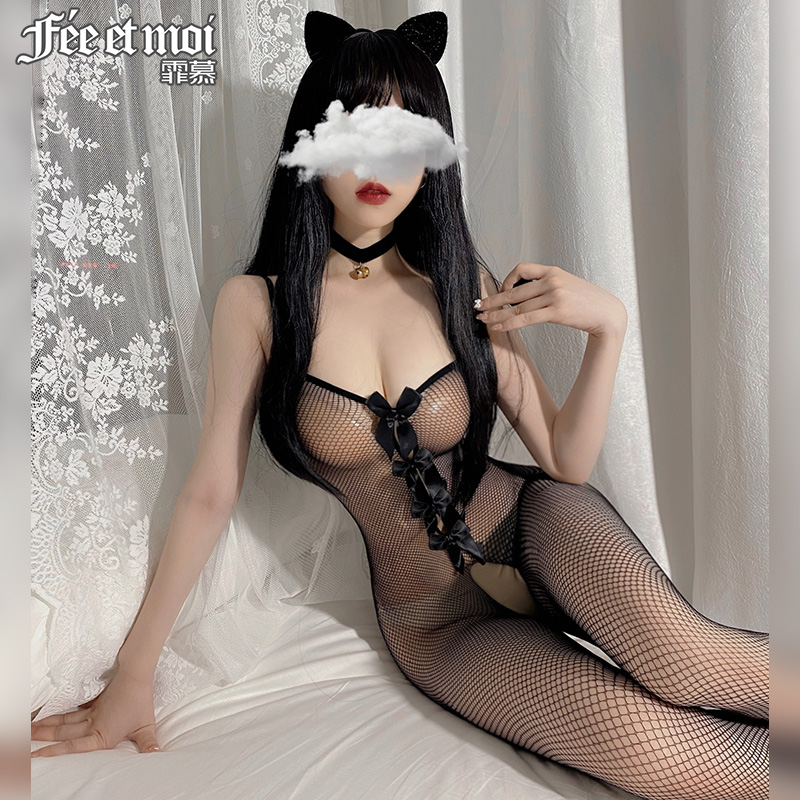 霏慕(Fee et moi)女式情趣睡衣甜美蝴蝶网眼连身袜套装性感睡裙连体网衣女士情趣内衣镂空透视网眼开裆连身袜7580高清大图