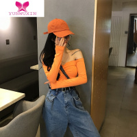 YUNWUXIN新款木耳边露肩一字领短款修身显瘦长袖上衣T恤打底衫女潮ins