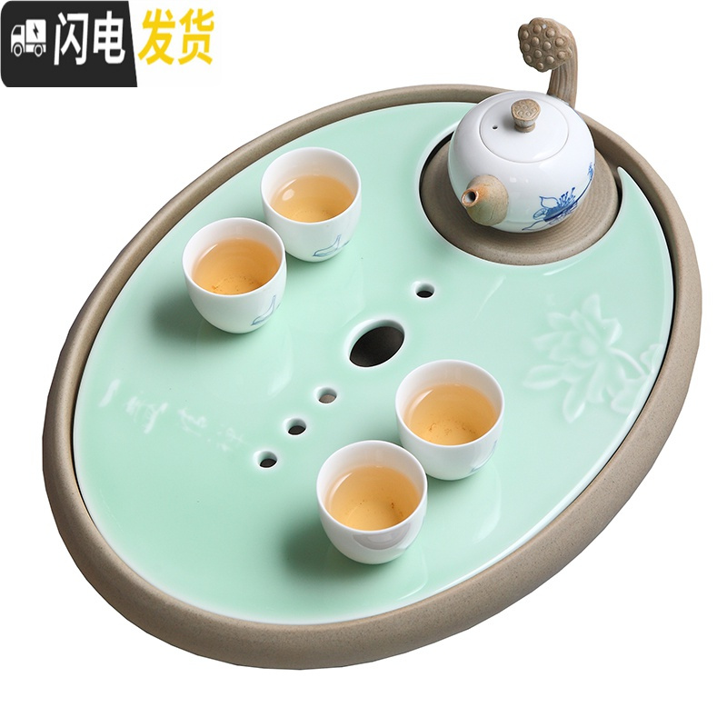 三维工匠家用陶瓷茶盘大号手绘荷花茶台圆形双层储水式茶托干泡托盘 芙蓉小号(盘+定窑白一壶四杯)茶具
