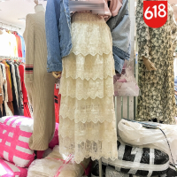 2018早春新品韩版百搭黑色中长款气质甜美蕾丝半身裙裙女杏色