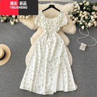 YIBUSHENG复古浪漫风碎花连衣裙女季泡泡袖开叉设计感小众别致绝美长裙女 S 杏色