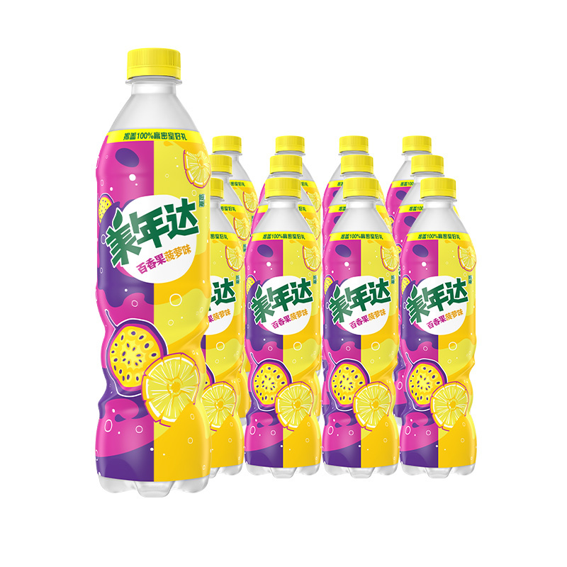百事可乐美年达百香果菠萝味600ml12瓶整箱碳酸汽水饮料
