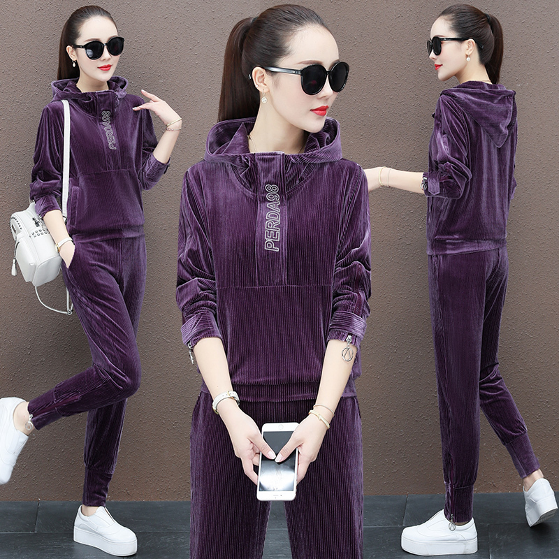 品牌金丝绒运动服套装女春秋2020新款时尚修身显瘦宽松大码连帽套头