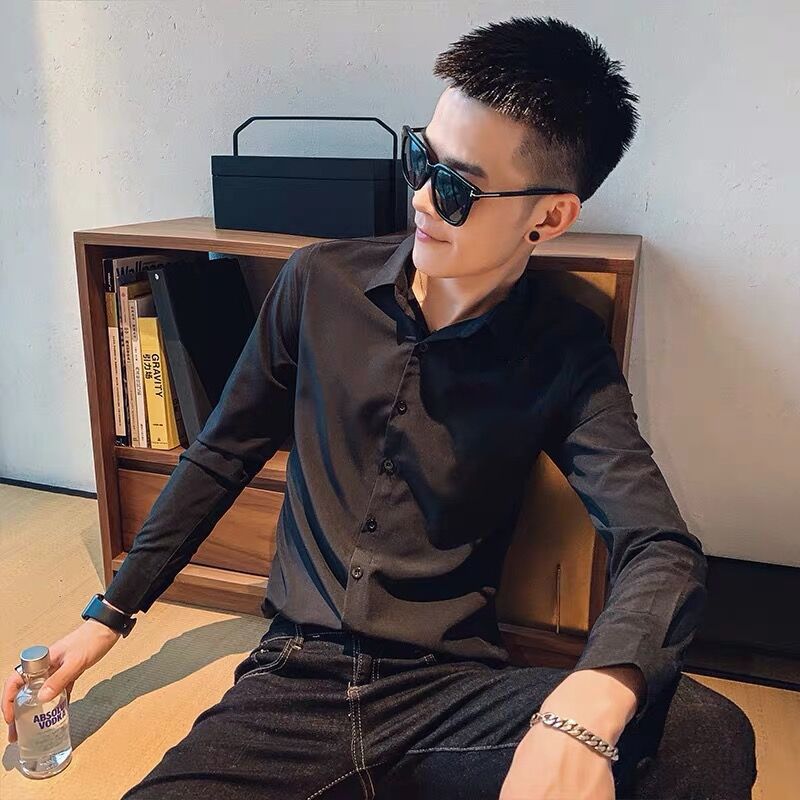社会精神小伙修身纯色衬衫快手红人男生上衣服白衬衣痞帅春装威珺视频