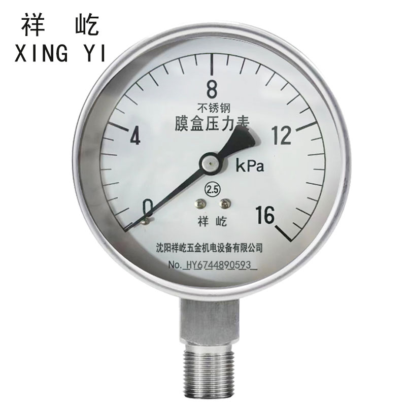 祥屹 不锈钢膜盒压力表检测定制型 YE100BF 块 0-16Kpa