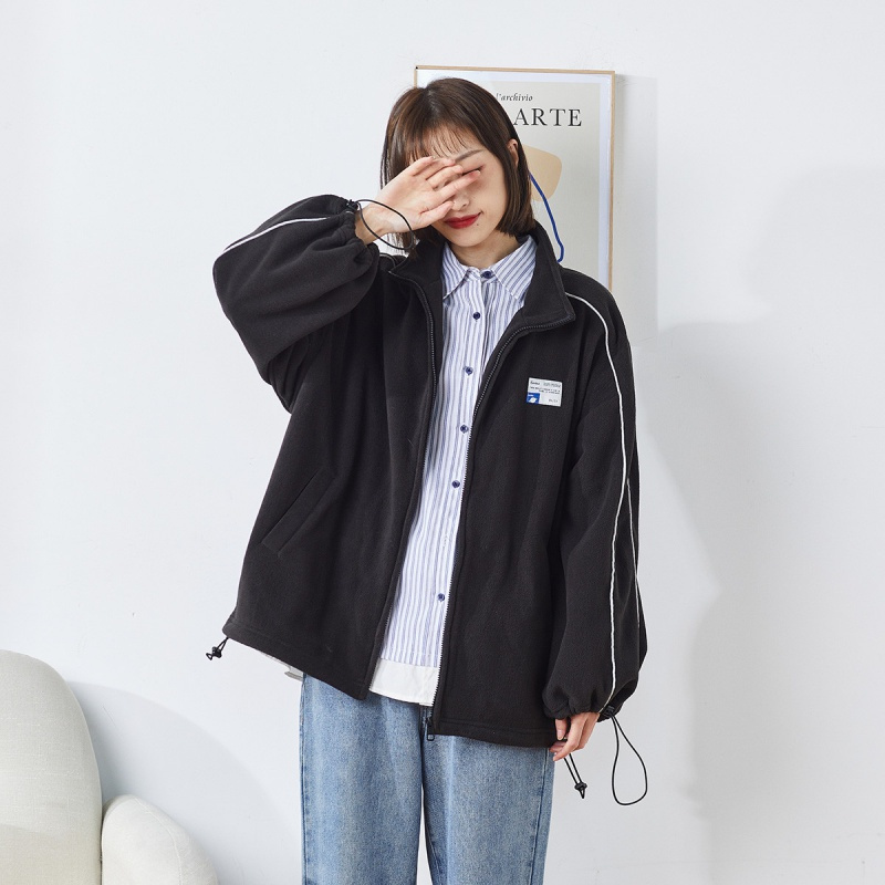 唐狮摇粒绒外套女春季新款宽松运动风抽绳百搭韩版时尚外套