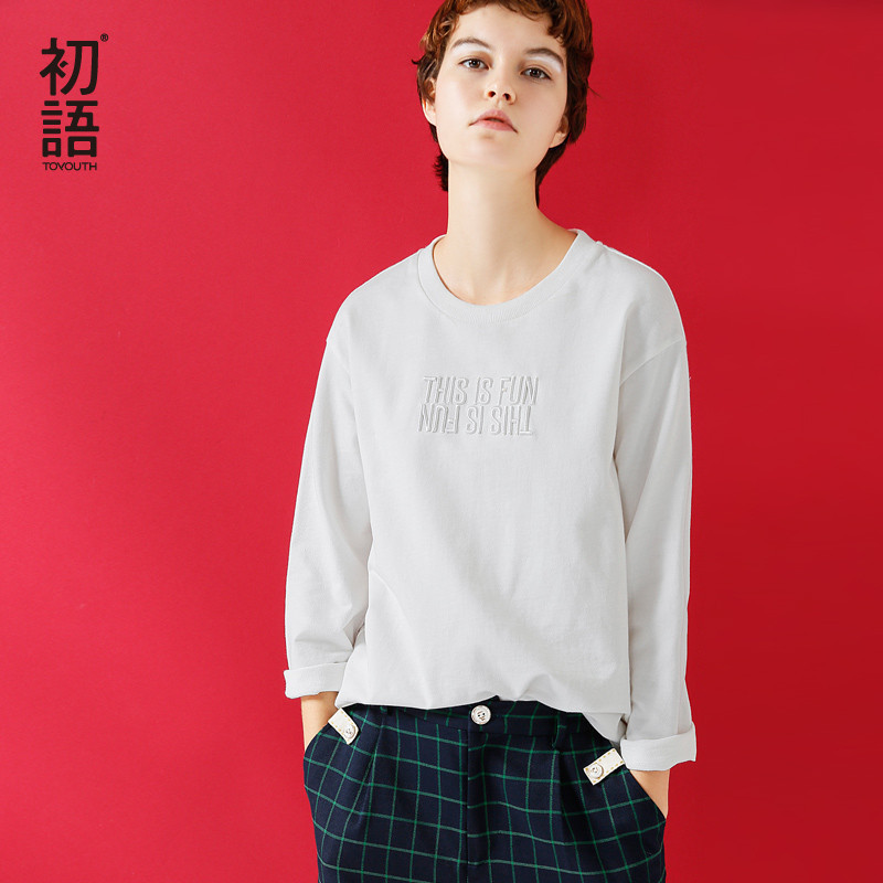 初语秋春装2018新款 港风女士长袖t恤宽松字母纯棉刺绣百搭上衣潮