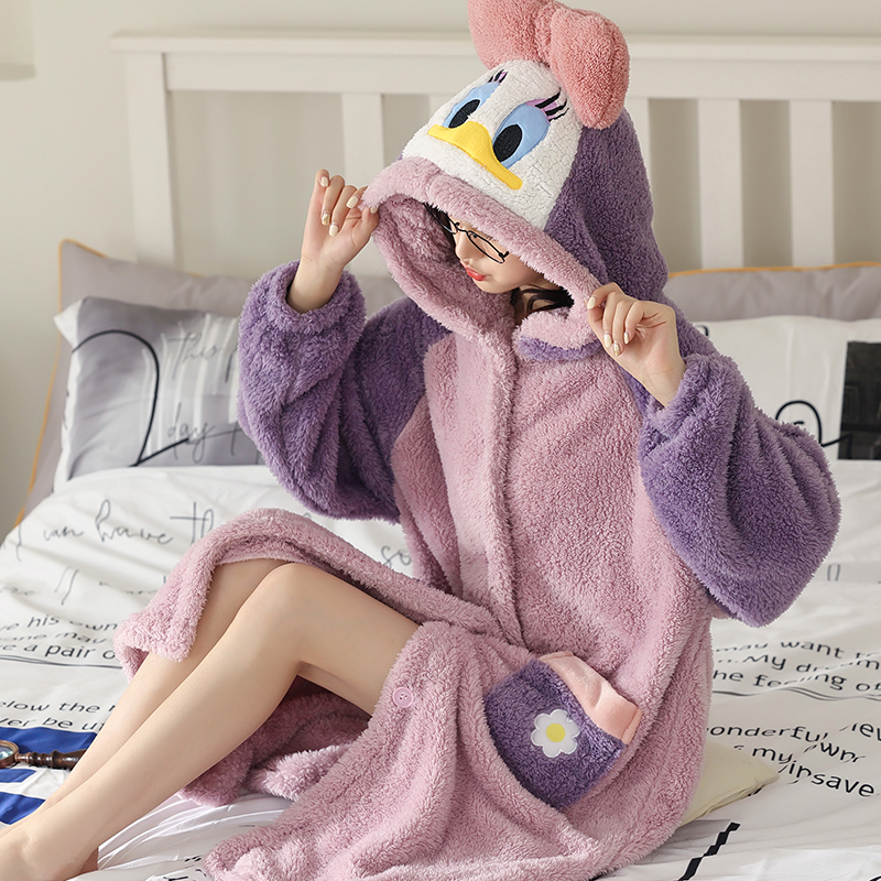 珊瑚绒睡衣女唐老鸭秋冬睡袍加绒加厚长款家居服可爱女款冬季睡裙 WR6006睡袍-紫色唐老鸭 XXL
