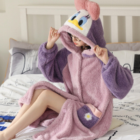 珊瑚绒睡衣女唐老鸭秋冬睡袍加绒加厚长款家居服可爱女款冬季睡裙
