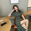 2021年法式复古碎花圆领连衣裙春夏季新款收腰显瘦中长款裙子女装 绿色 M 建议[100以下]