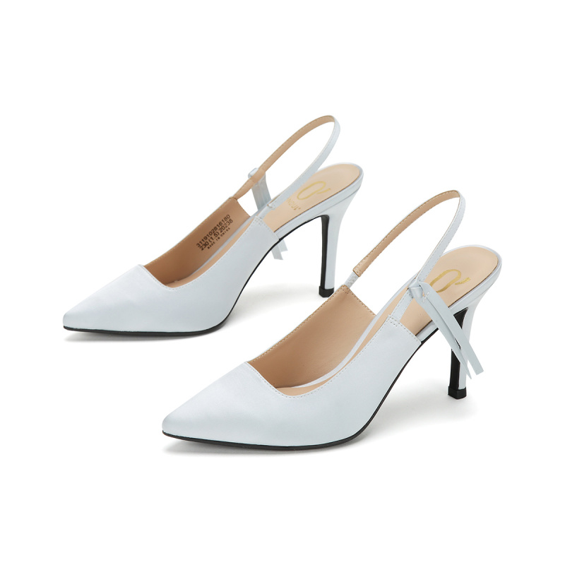 价79】达芙妮旗下圆漾夏新款通勤尖头细跟单鞋后空缎面流苏女高跟鞋