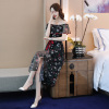 丝柏舍2019夏女收腰印花短袖一字领修身性感连衣裙S92R0753L