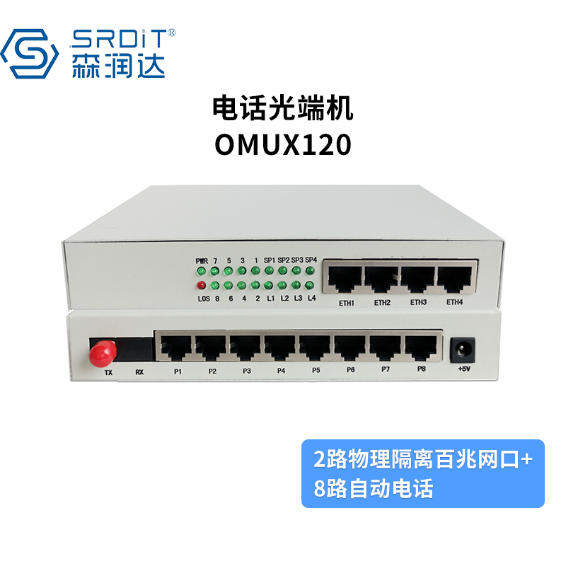 森润达SRDIT综合业务光端机OMUX120多业务PCM复用器E1口2M口物理隔离百兆以太网磁石i2F8P