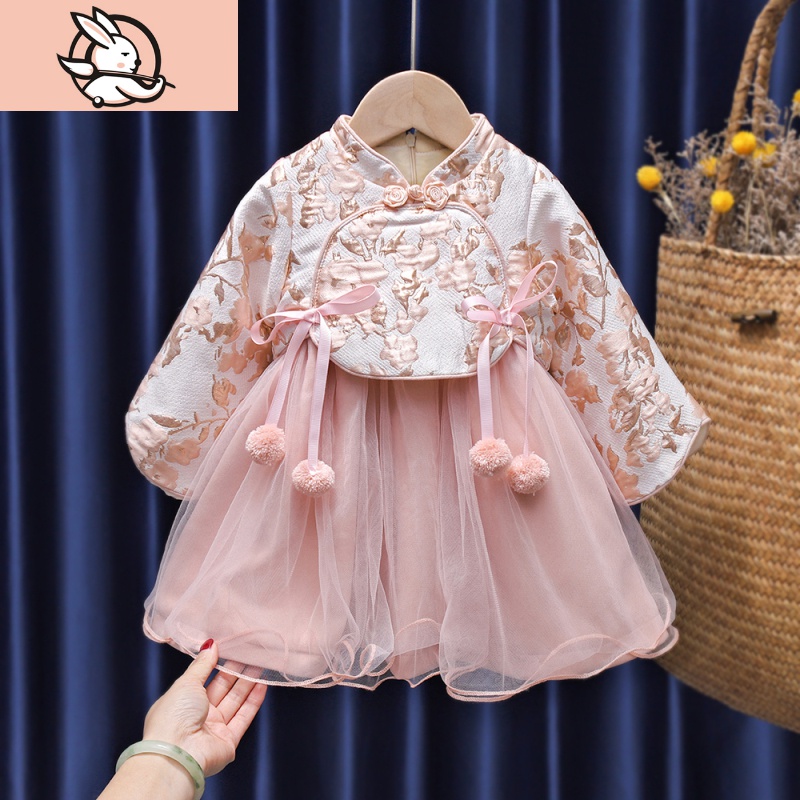 HUAYANGTU女童汉服秋冬季婴儿唐装连衣裙拜年服女宝宝周岁礼服加绒加厚裙子裙子童