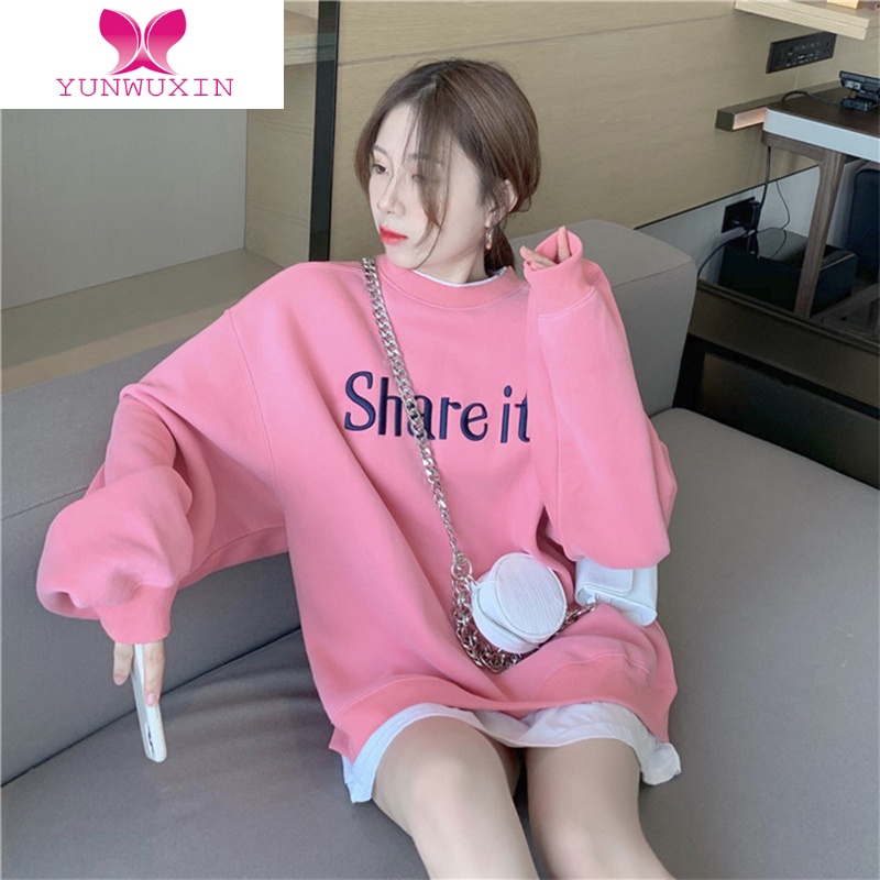 YUNWUXIN假两件卫衣女2022年新款秋圆领oversize外套宽松bf慵懒风粉色上衣