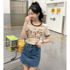 [1.5折价31元]唐狮短袖T恤女夏季短款圆领撞边美式复古风小众辣妹装潮