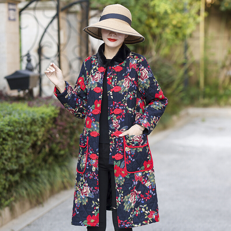 迪鲁奥（DILUAO)波司登旗下民族风棉衣女妈妈装秋冬棉外套薄中老年碎花中长款棉衣大码棉服 4XL【建议145-160体重】 8号色