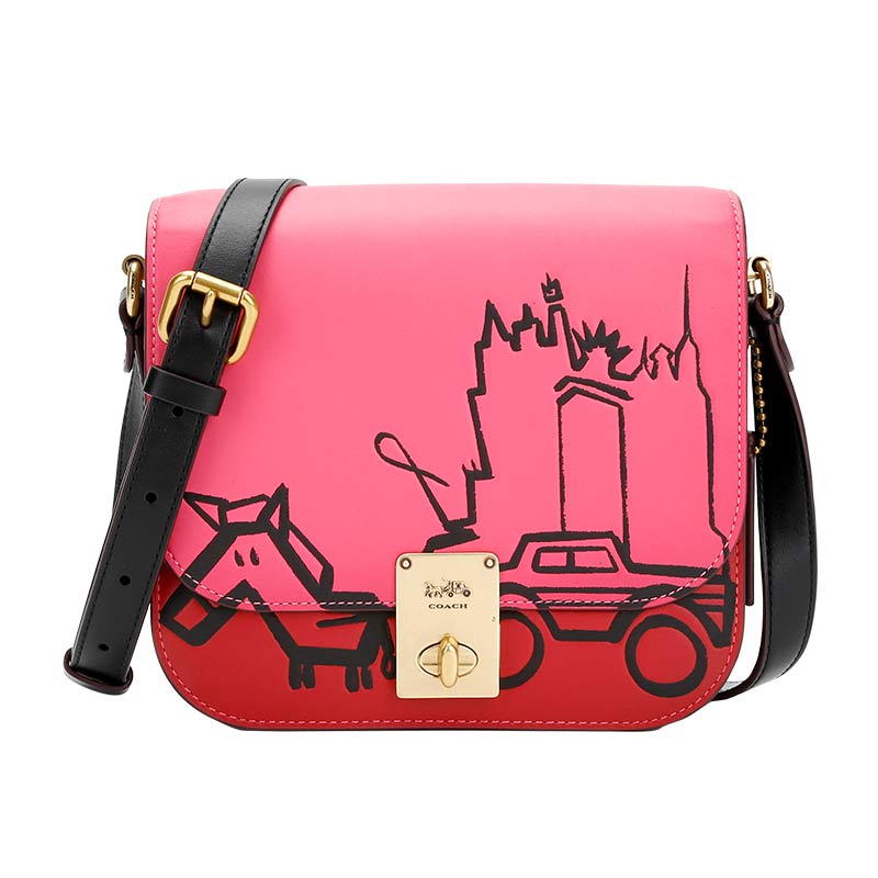 COACH 蔻驰 奢侈品 女士经典标志帆布抽象马车图案HUTTON卡其色拼色单肩斜挎链条包