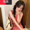 YIBUSHENG小个子无袖背心连衣裙子女季2024新款茶歇法式气质红色格子短裙