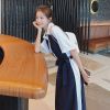赫本风连衣裙2021夏季新款高端显瘦气质收腰中长裙复古撞色衬衫裙 图片色(两色拼接) S 建议(80-100斤)