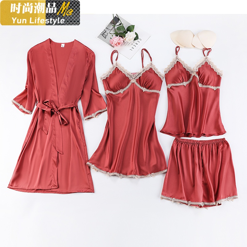 YUNWUXIN睡衣女夏季四件套装冰丝性感骚吊带睡裙睡袍两件套薄款带胸垫睡衣