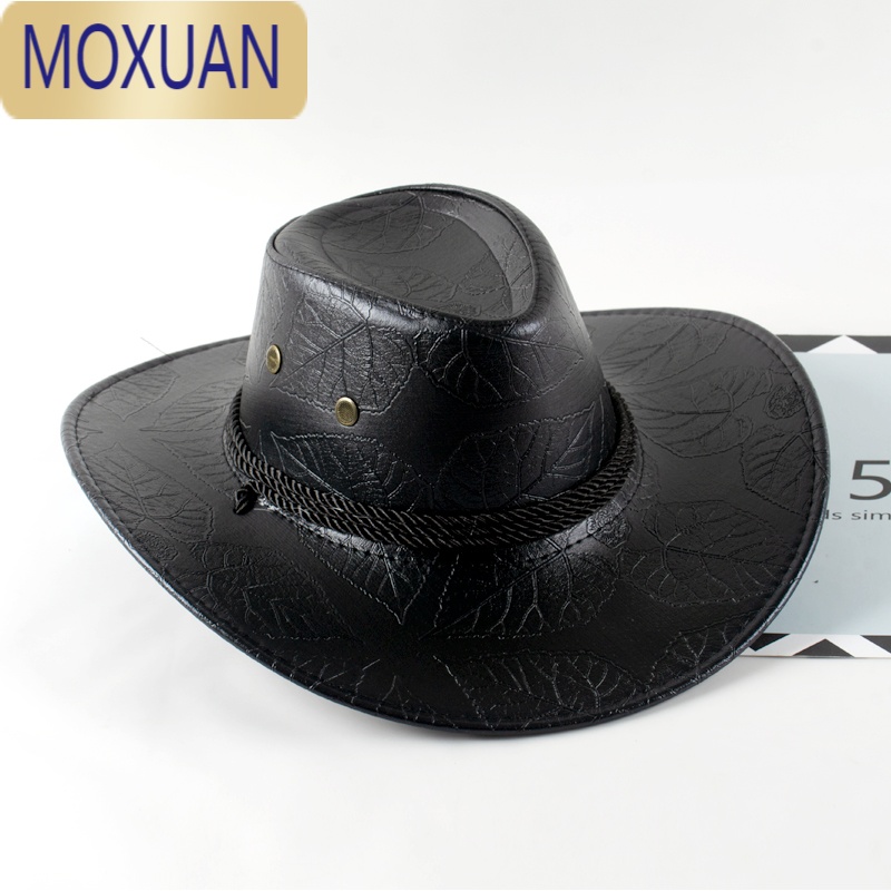 MOXUAN西部牛仔帽男女春秋夏季大檐帽PU皮帽遮阳印花帽子复古沙滩帽防晒