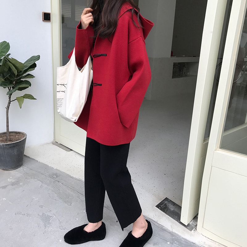 SUNTEK圣诞红色洋气针织开衫外穿牛角扣宽松慵懒风中长款秋冬毛衣外套女毛衣