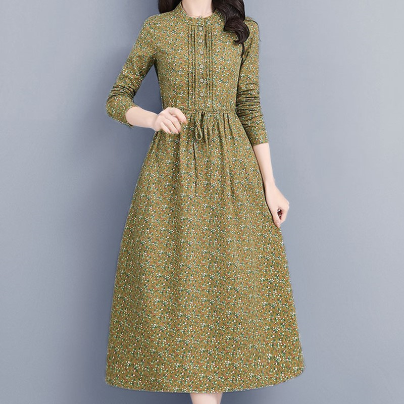 语娄全棉碎花连衣裙女长袖过膝长款复古文艺范印花裙磨毛纯棉中年裙子
