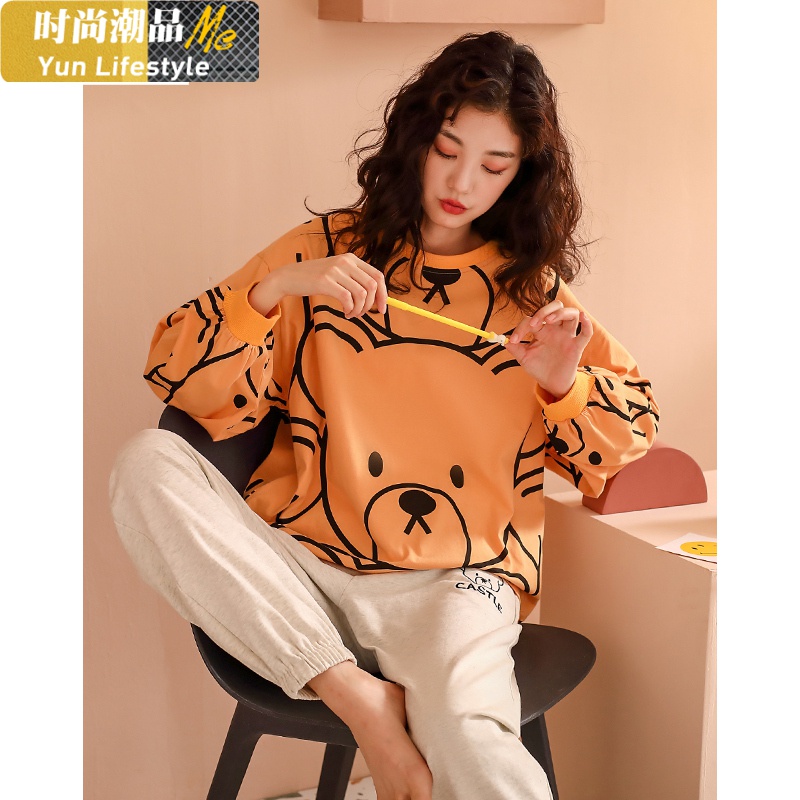 YUNWUXIN情侣睡衣春秋款棉长袖套头女可爱小熊可外穿家居服男棉套装夏睡衣