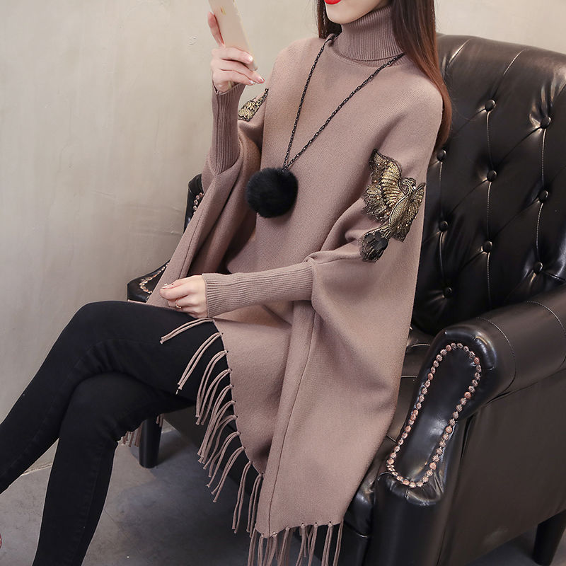 2021新款高领苏毛衣女中长款韩版宽松大码斗篷外套头针织蝙蝠衫