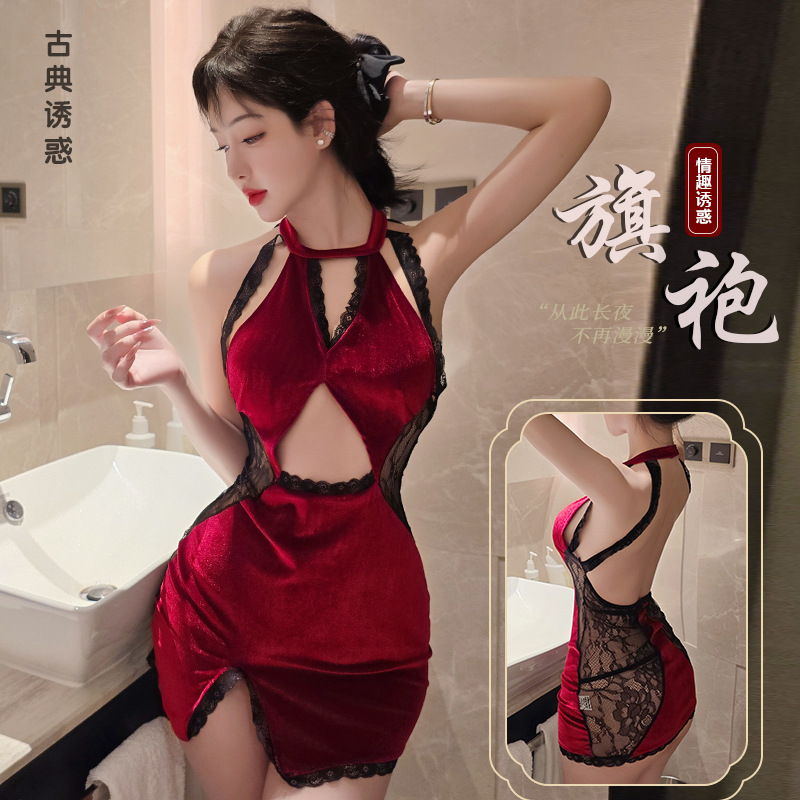 长夜漫漫情趣内衣性感纯欲情调衣服禁欲系紫色旗袍制服睡衣女1825 红色+同款袜 均码(80-130斤)