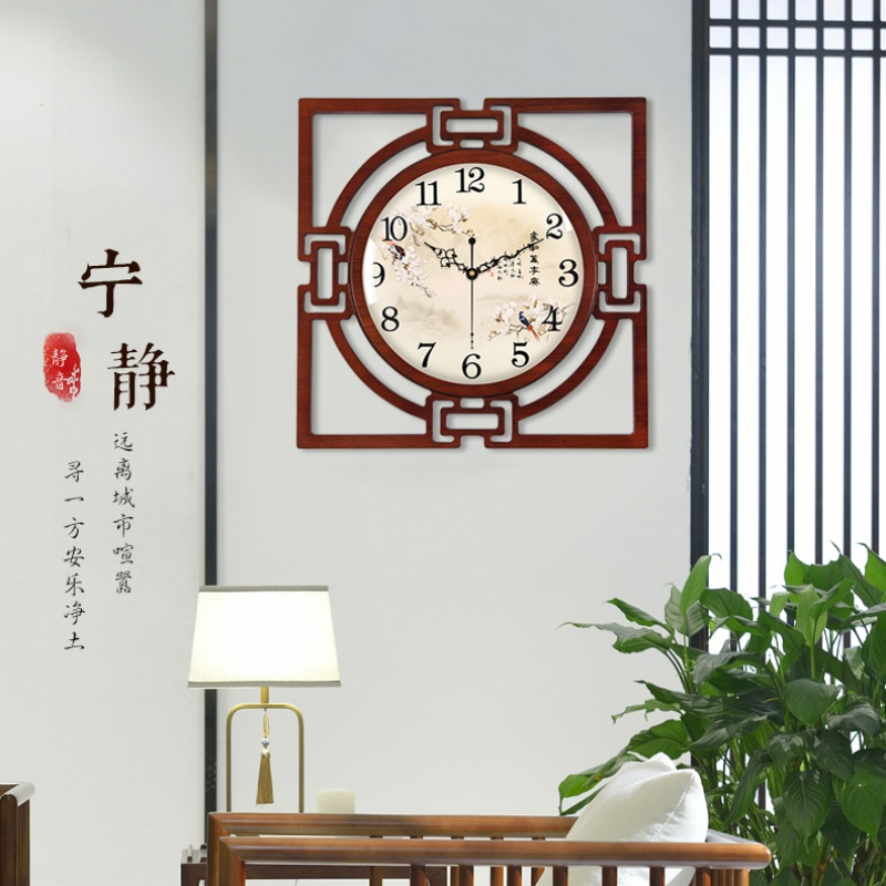中式挂钟 钟表卧室木质时钟纳丽雅个性创意装饰钟复古大气方形石英钟 大号金属表盘(自动对时机芯) 20英寸以上