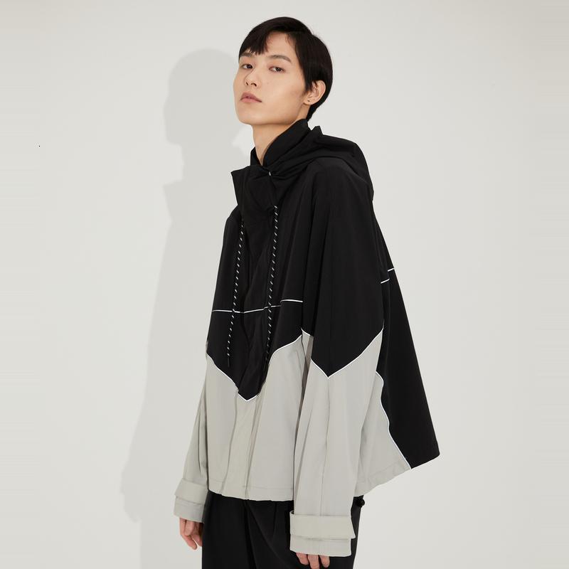 MECITY男装2021夏季新款微弹韩版时尚连帽拼接撞色廓形茄克外套男