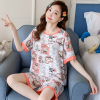 棉绸睡衣女式夏季短袖短裤薄款绵绸家居服人造棉套装两件套ins风 棉绸短袖短裤-圆领橘色方块熊 M(80-95斤)