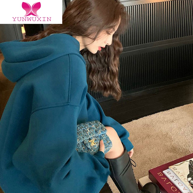 YUNWUXIN孔雀蓝卫衣女ins慵懒风2022新款潮宽松加绒加厚欧货外套