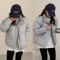 羽绒棉衣棉服女新款冬季韩版黑色小个子加绒短款立领面包服外套女 XL 蓝灰色