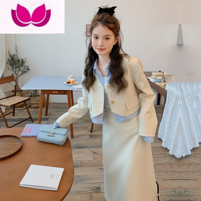七斓设计感炸街时尚套装女新款显瘦小西装外套休闲半身裙套潮 S 米白色原版