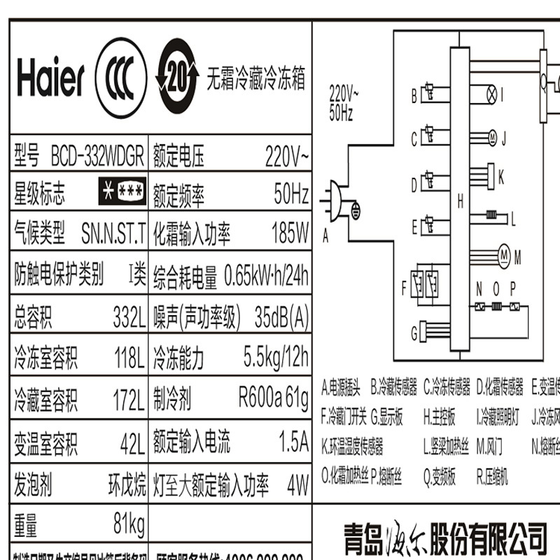 海尔(Haier)BCD-332WDGR 332升风冷无霜法式四门多门冰箱 1级能效 变频节能 干湿分储 家用电冰箱